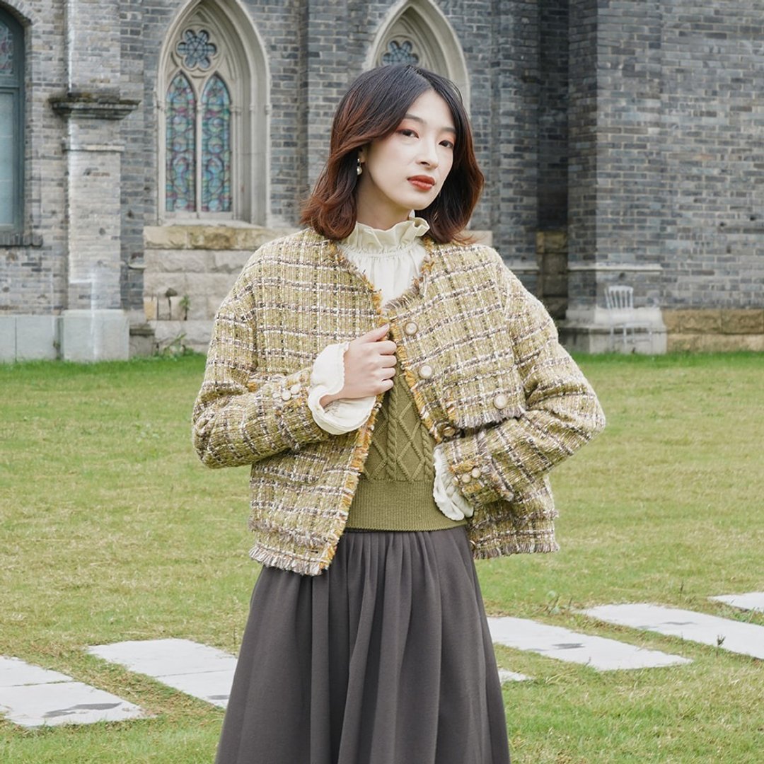 黄格纹针织粗花外套|外套|秋冬款|涤纶|Sora-612 - 女装休闲/机能外套 - 其他人造纤维 黄色