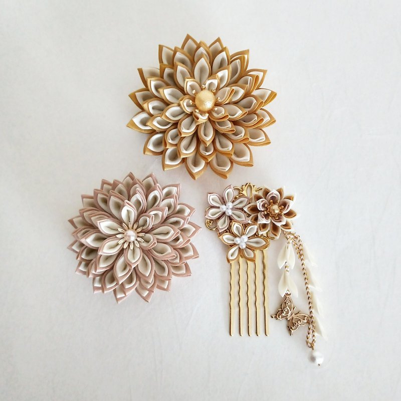 **适合特殊场合**一套 tsumami-zaiku花痴和蝴蝶发饰，金，成人式，七五三，毕业典礼，入学典礼，和服 - 发饰 - 棉．麻 金色