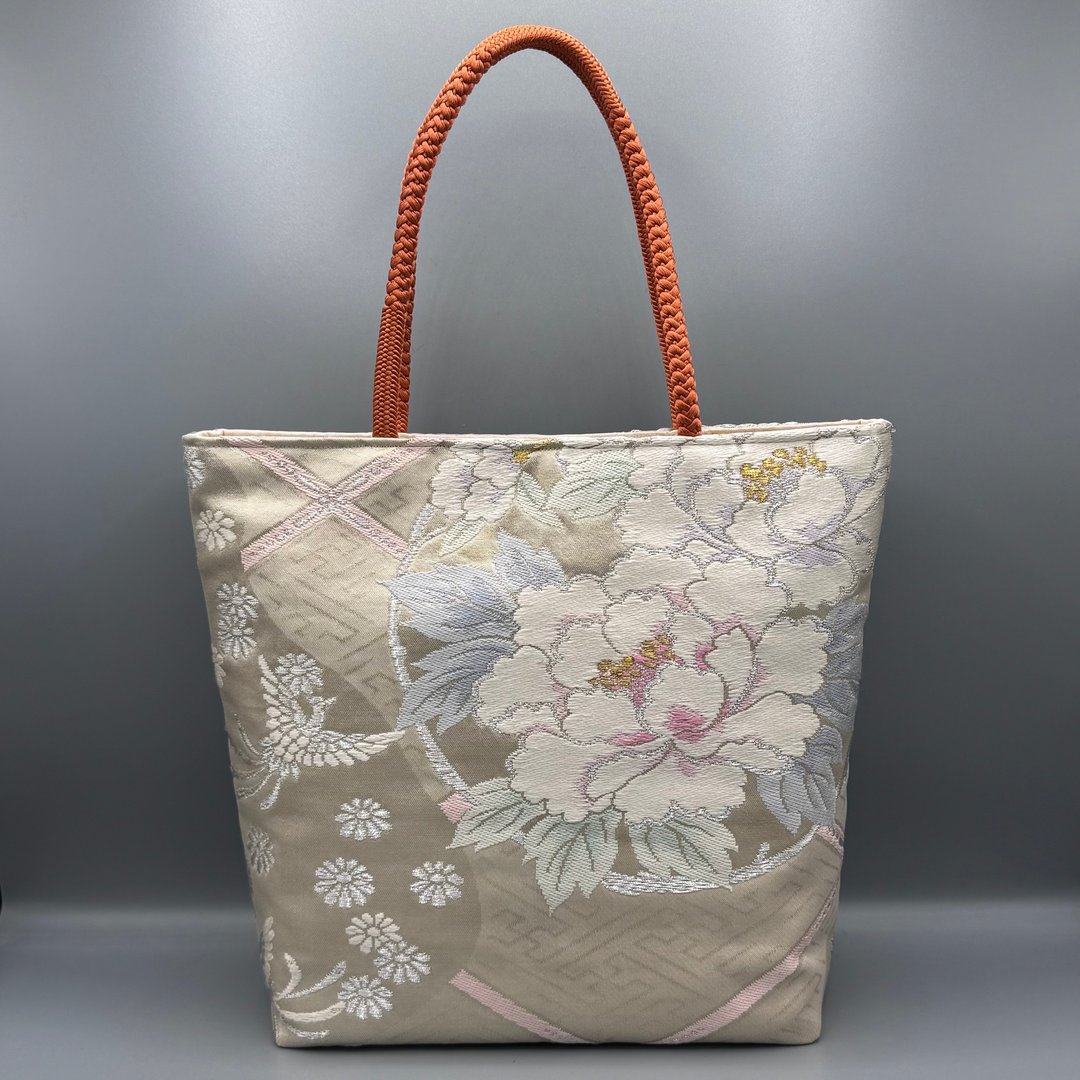 【附底板】和服腰带 饰绳 手工托特包 再造 唐织 凤凰牡丹花纹 金银线 - 手提包/手提袋 - 丝．绢 金色