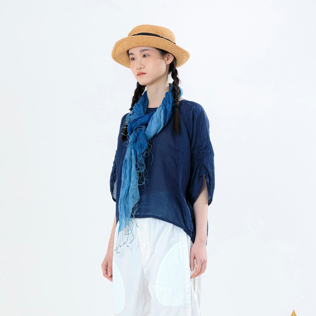 轻盈亚麻抽褶五分袖上衣 - 女装上衣 - 亚麻 蓝色
