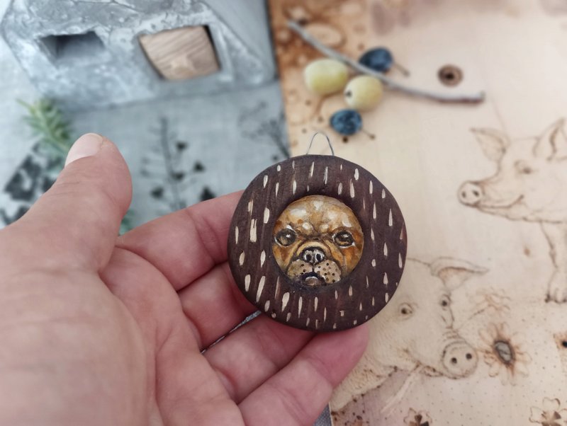 一只狗在手工雕刻框架中的原始水彩画 - 墙贴/壁贴 - 木头 咖啡色