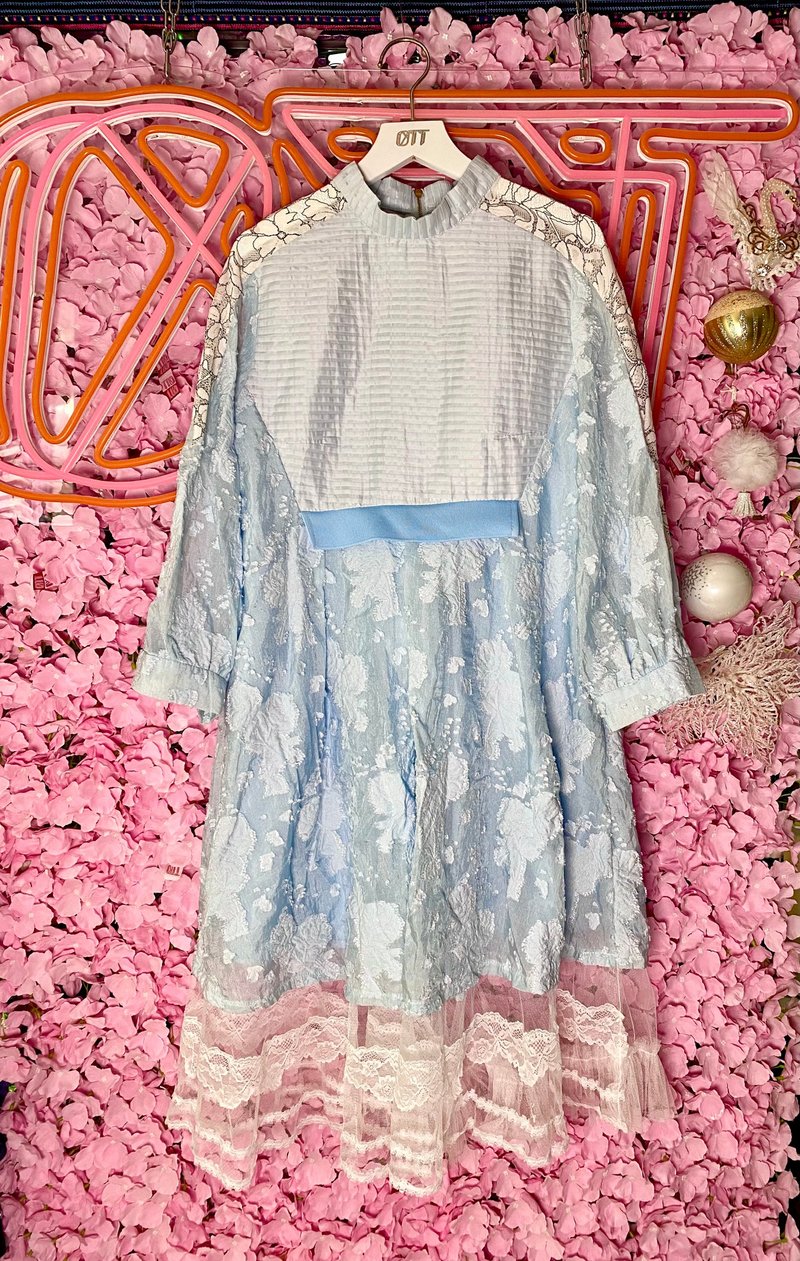 OTT独一无二•日系粉蓝色克白喱士织锦立体花连衣裙Blue Dress - 洋装/连衣裙 - 棉．麻 蓝色