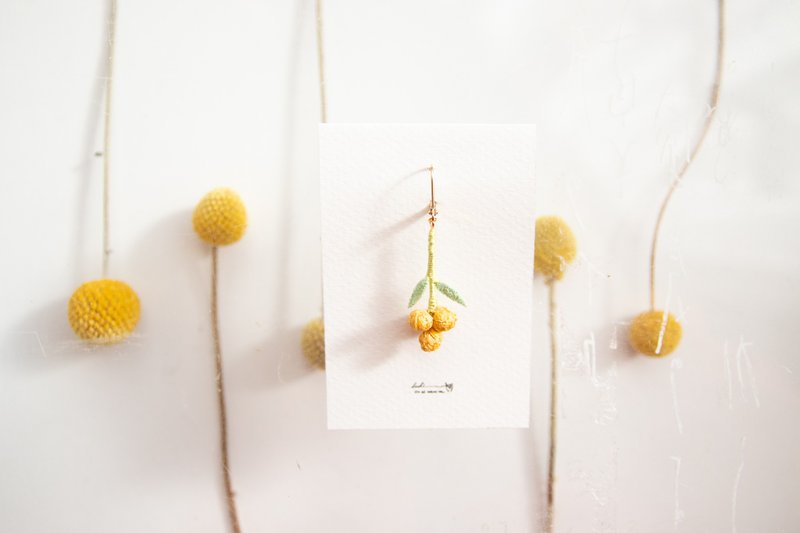 线花耳环/夹式耳环 /含羞草・单耳 - 耳环/耳夹 - 绣线 黄色