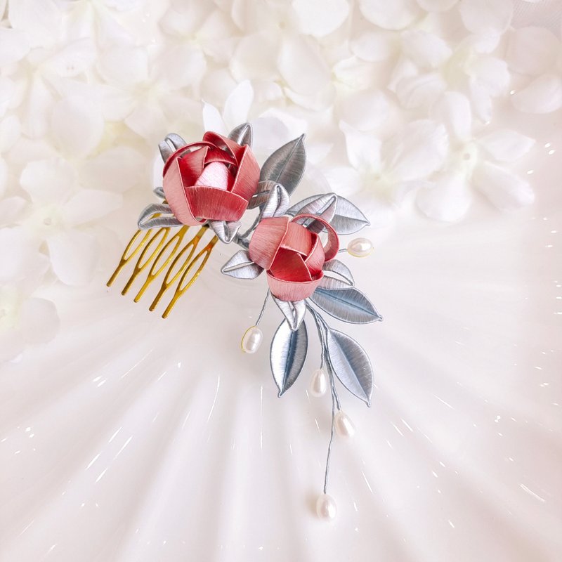 灰玫瑰花发夹 缠花 春仔花 和服发饰 天然真丝 蚕丝 - 发饰 - 丝．绢 灰色