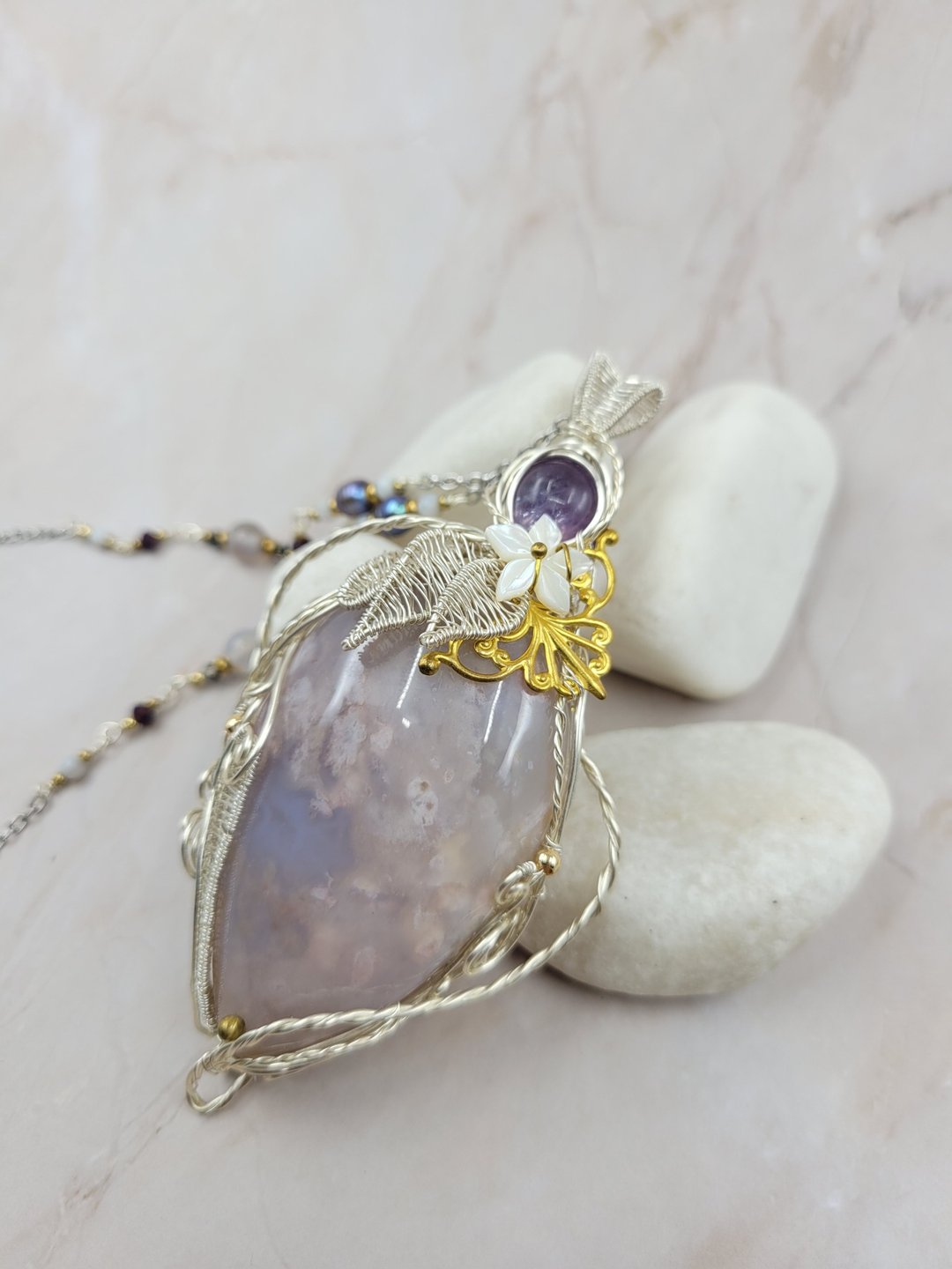 梦幻感 樱花玛瑙  BeadSmith 手工绕线 长颈链 - 项链 - 水晶 
