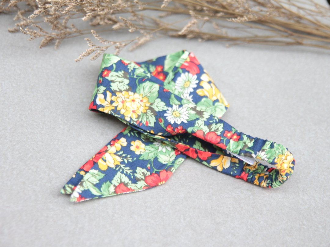 岛屿热带花／红、绿、黄、深蓝／细款绑带　手工松紧发带_Tropical Garden//Taiwan handmade elastic hairband - 发饰 - 棉 多色