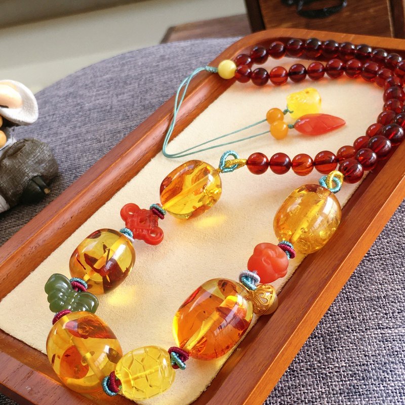 精品天然花珀枣珠锁骨链 天然琥珀爆花 配南红 蜜蜡 碧玉 - 项链 - 水晶 