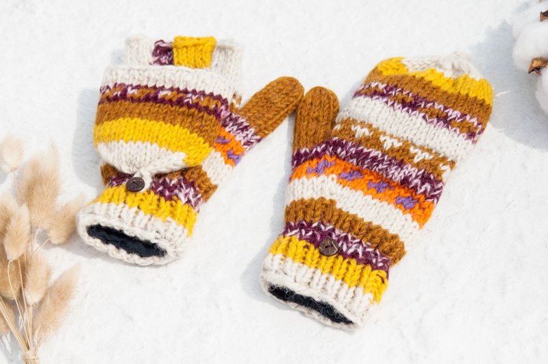 手织纯羊毛针织手套/可拆卸手套/内刷毛手套/保暖手套-撒哈拉沙漠 - 手套 - 羊毛 多色