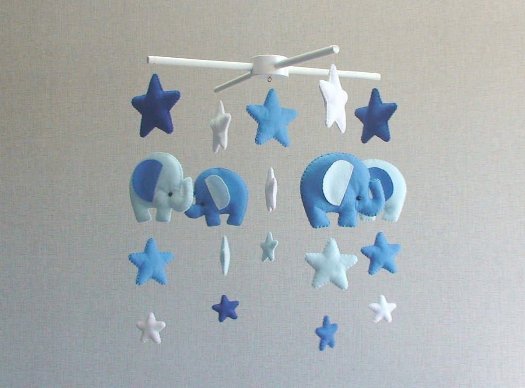 Baby mobile elephant, Blue nursery decor, Elephant mobile, Stars mobile - 玩具/玩偶 - 其他材质 蓝色