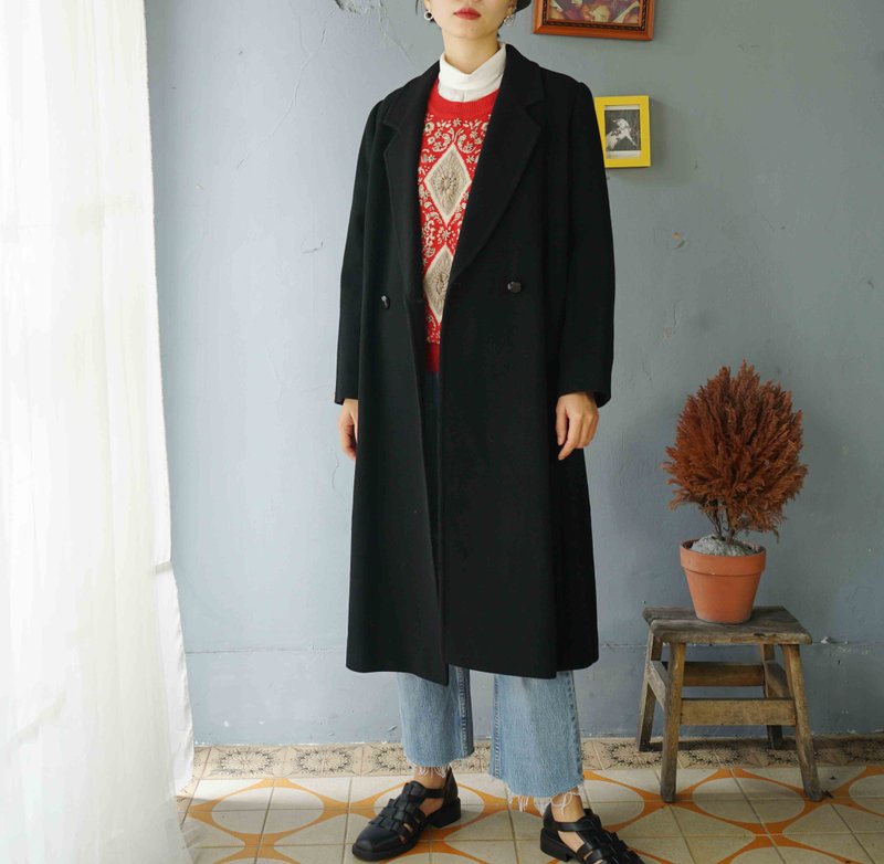 寻宝古着-俐落黑色毛料修身长版西装外套大衣 - 女装休闲/机能外套 - 羊毛 黑色