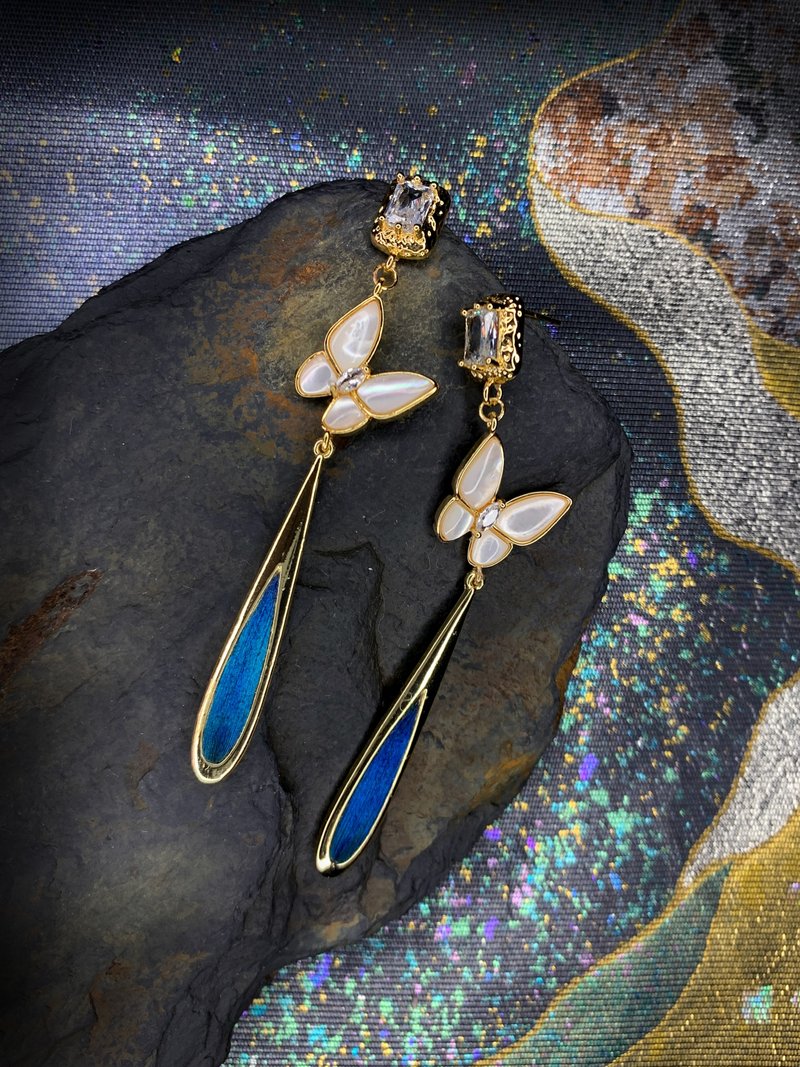 【孤品】工制作 孔雀羽毛 点翠工艺 蝴蝶主题耳环 款式1 - 耳环/耳夹 - 玫瑰金 