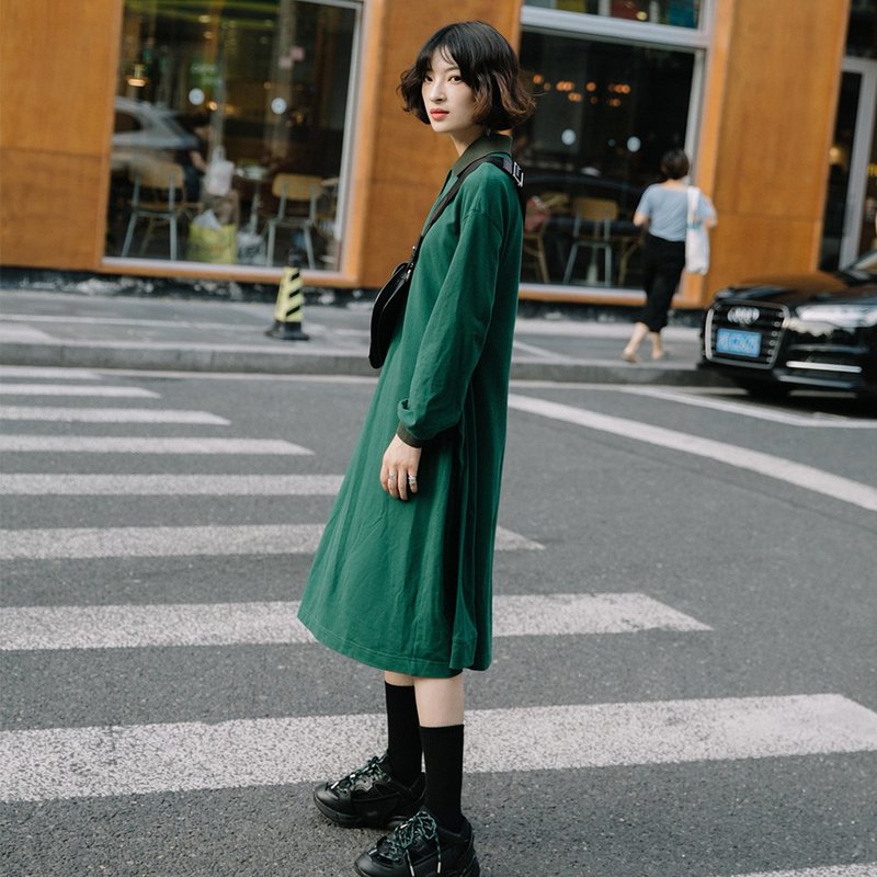 法式简约翻领卫衣连衣裙-绿色|连衣裙|夏秋款|棉|Sora-338 - 洋装/连衣裙 - 棉．麻 绿色
