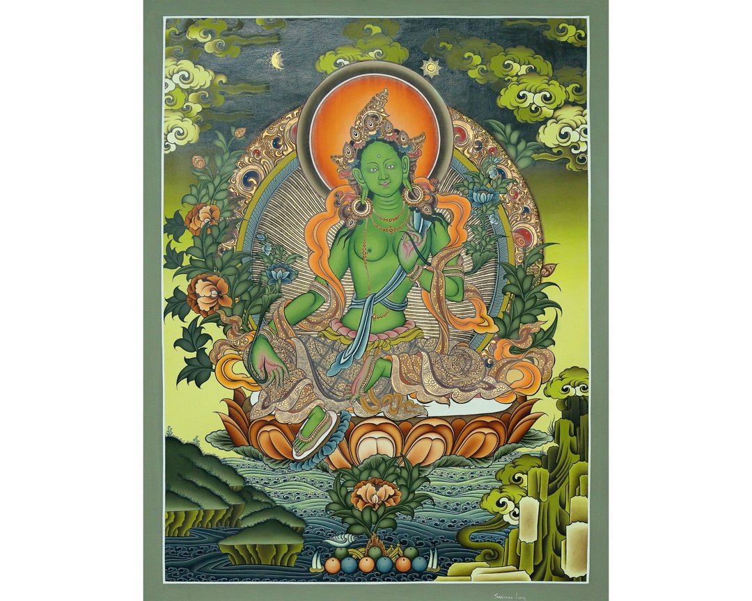 绿度母唐卡绘画\用于保护和疗愈 | 神圣的藏传佛教女神 - 墙贴/壁贴 - 其他材质 多色