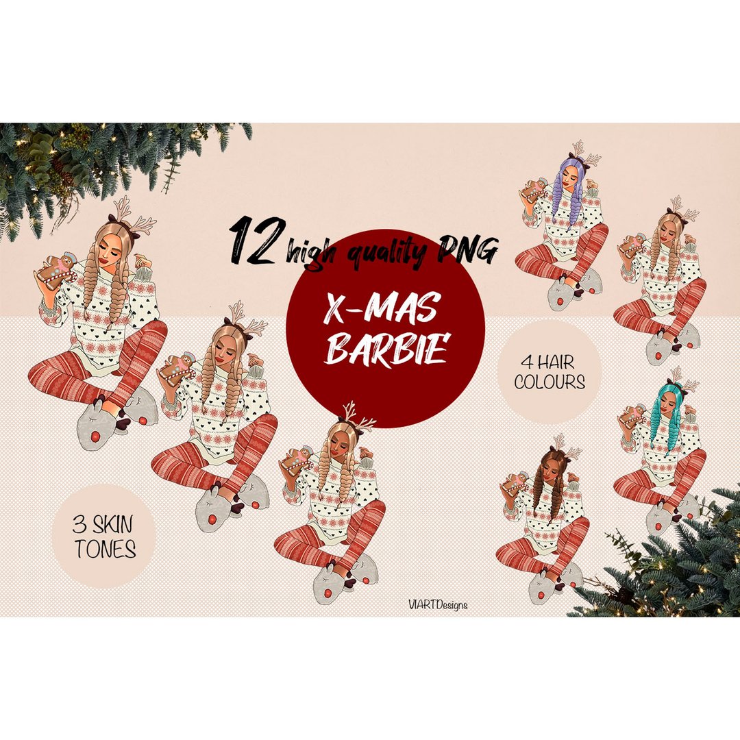 12 Barbie vintage Christmas holiday clipart PNG. Cozy home decoration. - 电子手绘真人画像/绘画/插画 - 其他材质 