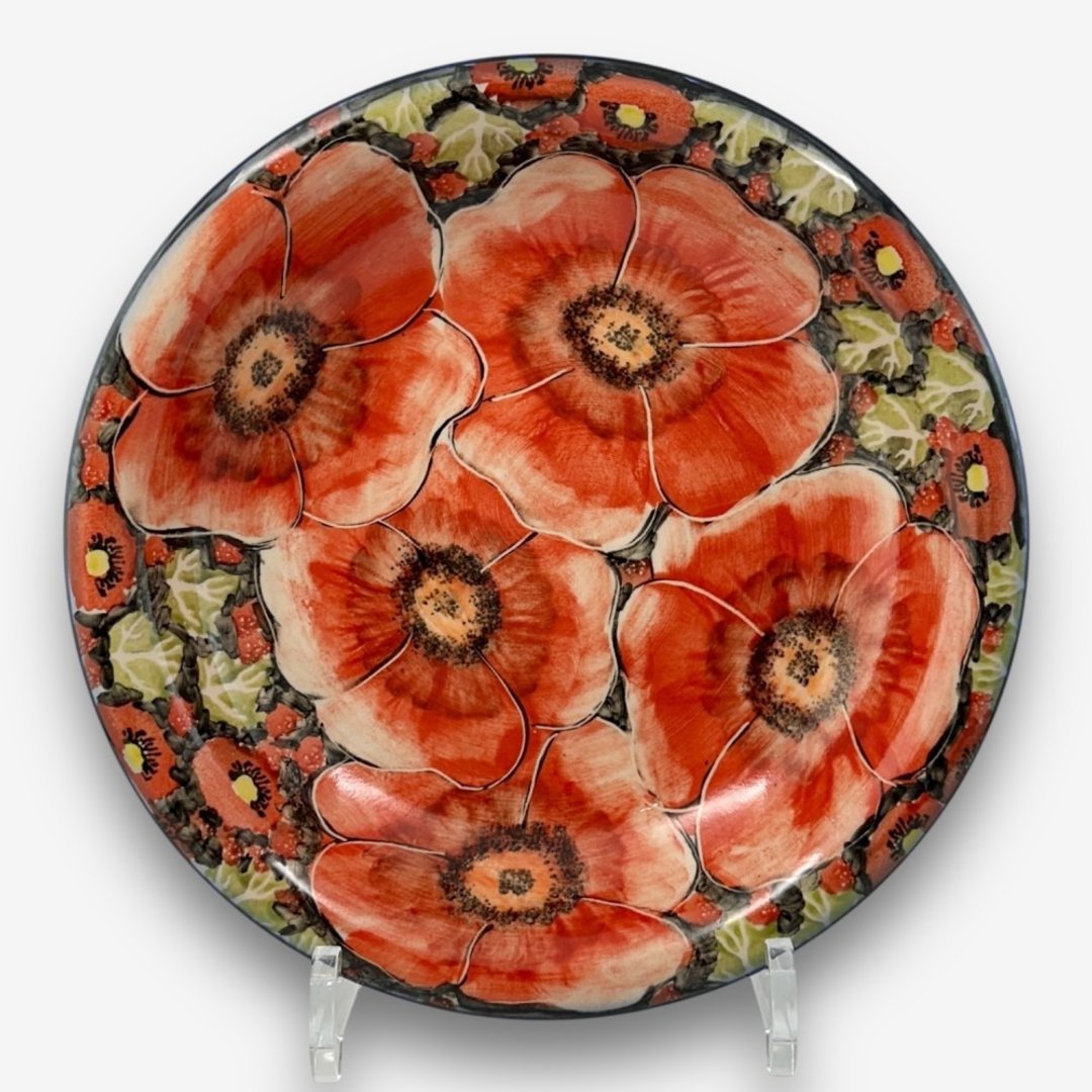波兰手绘手工陶 - 意大利面盘 深圆盘 22.5cm 赤霞花语系列 - 盘子/餐盘/盘架 - 陶 红色