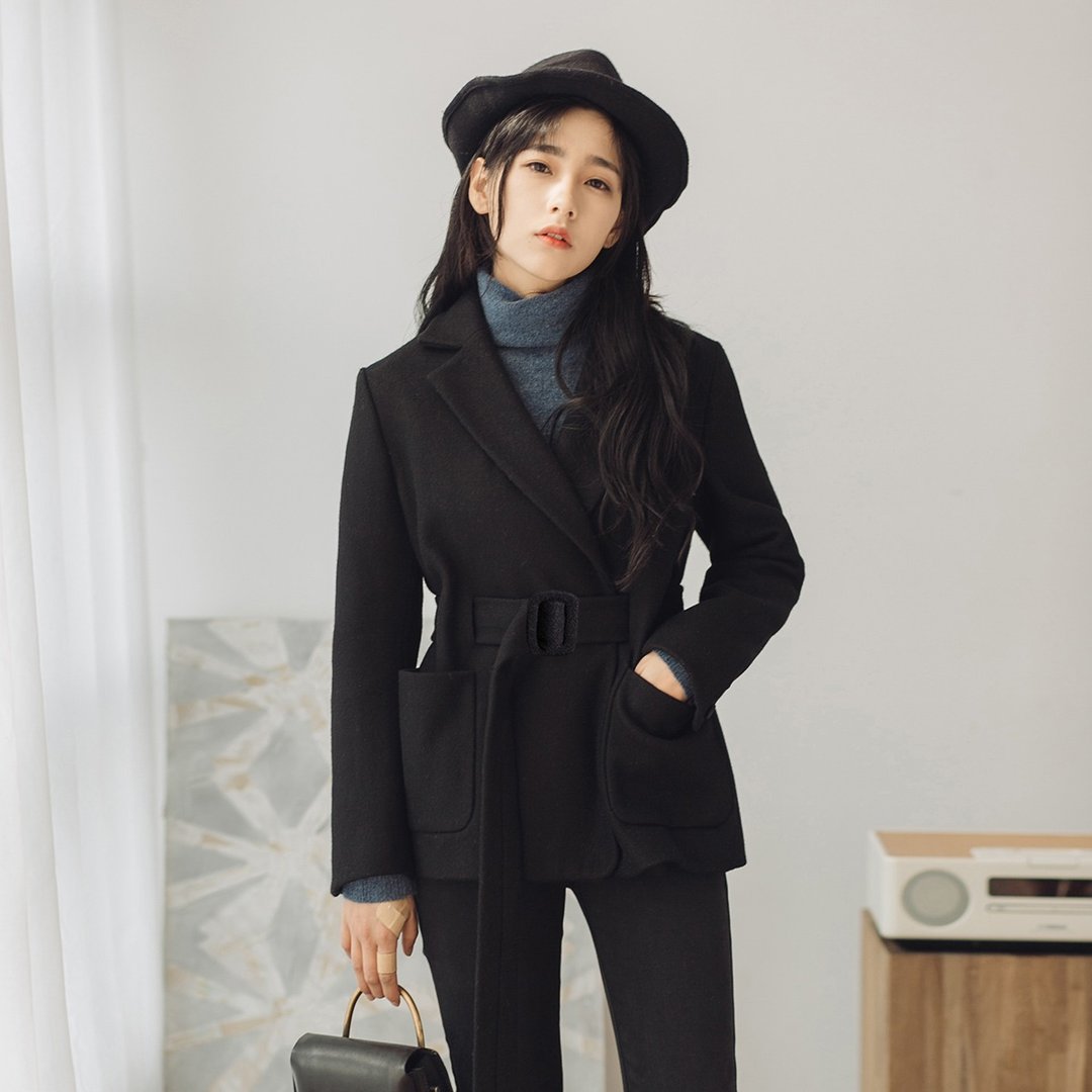 安妮陈2017冬装新款女装纯色腰带西装外套 - 女装休闲/机能外套 - 棉 黑色
