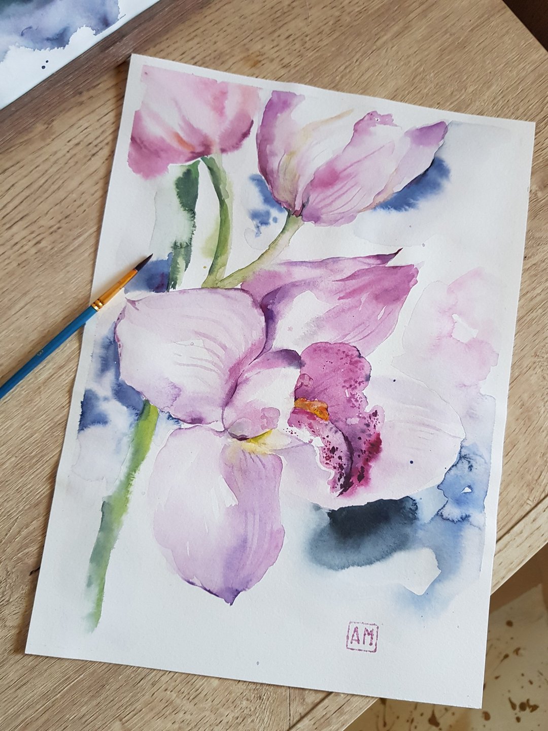 Cute Orchid flower artwork hand painted Watercolor painting on paper - 墙贴/壁贴 - 其他材质 