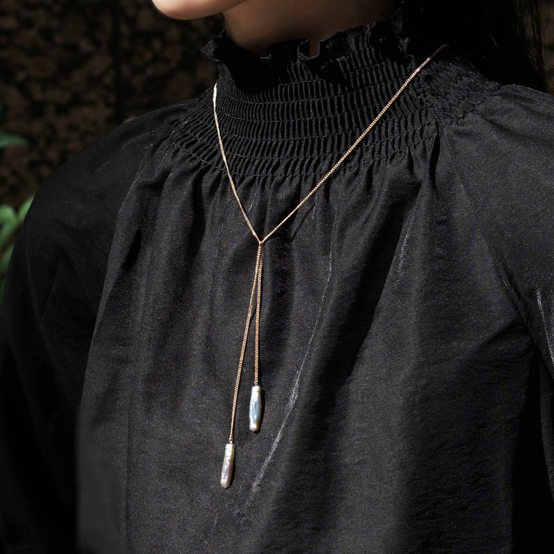 百搭造型！Hana长款淡水珍珠与医疗级不锈钢Y字项链 - 项链 - 宝石 白色