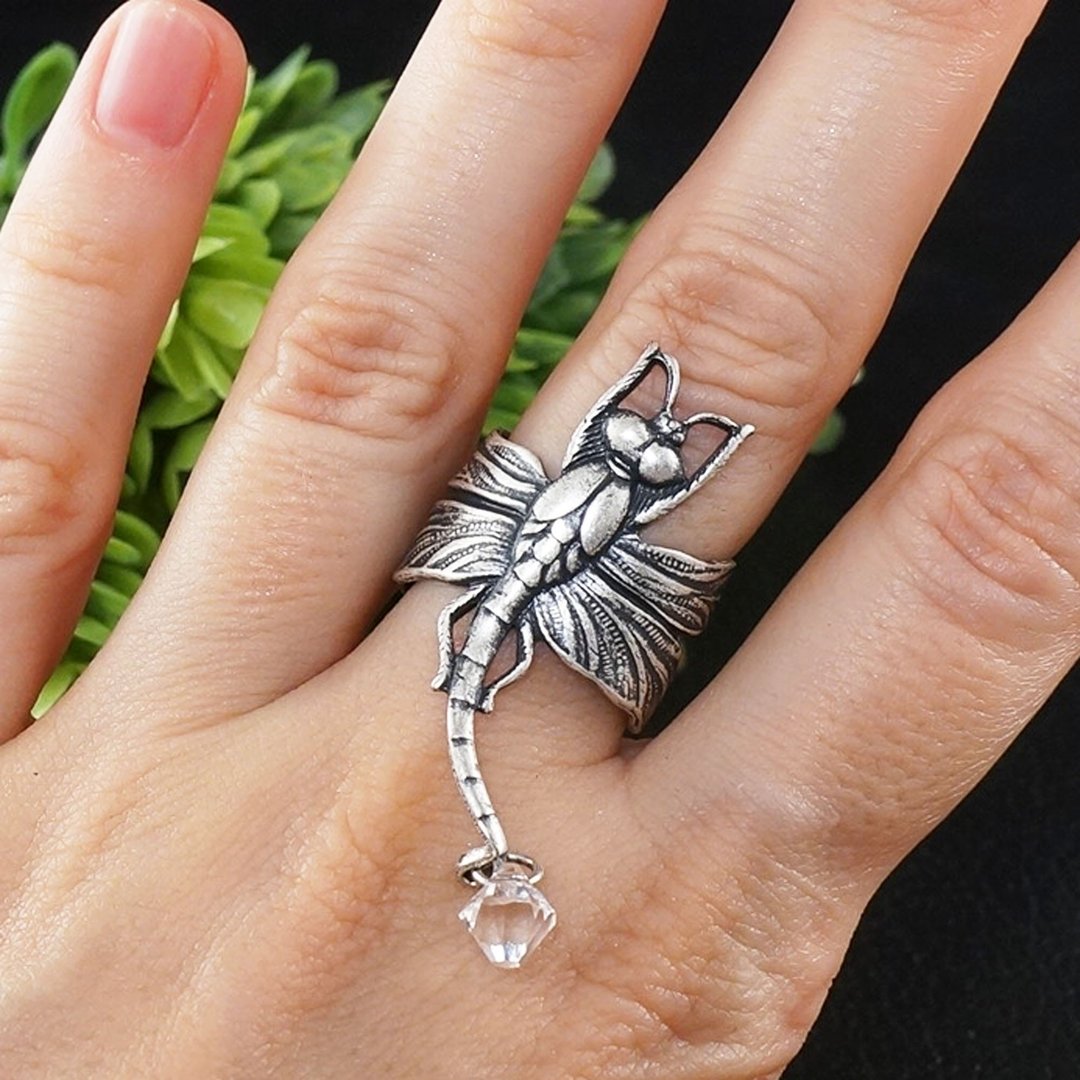 Silver Dragonfly Adjustable Ring Swarovski Clear Crystal Charm Ring Jewelry Gift - 戒指 - 其他材质 银色