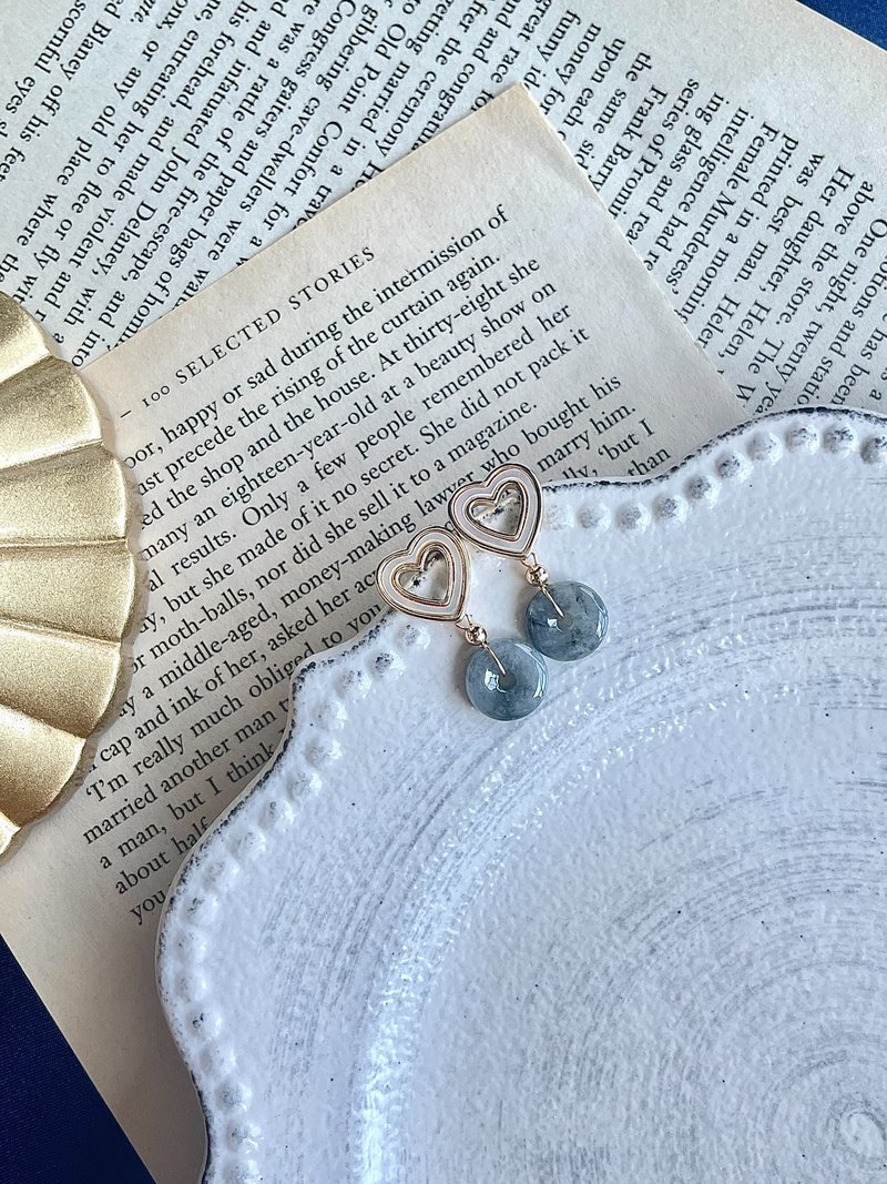 缅甸玉A货翡翠-冰飘乌鸡平安扣翡翠14k包金耳环 天然石 礼物 玉 - 耳环/耳夹 - 玉石 黑色