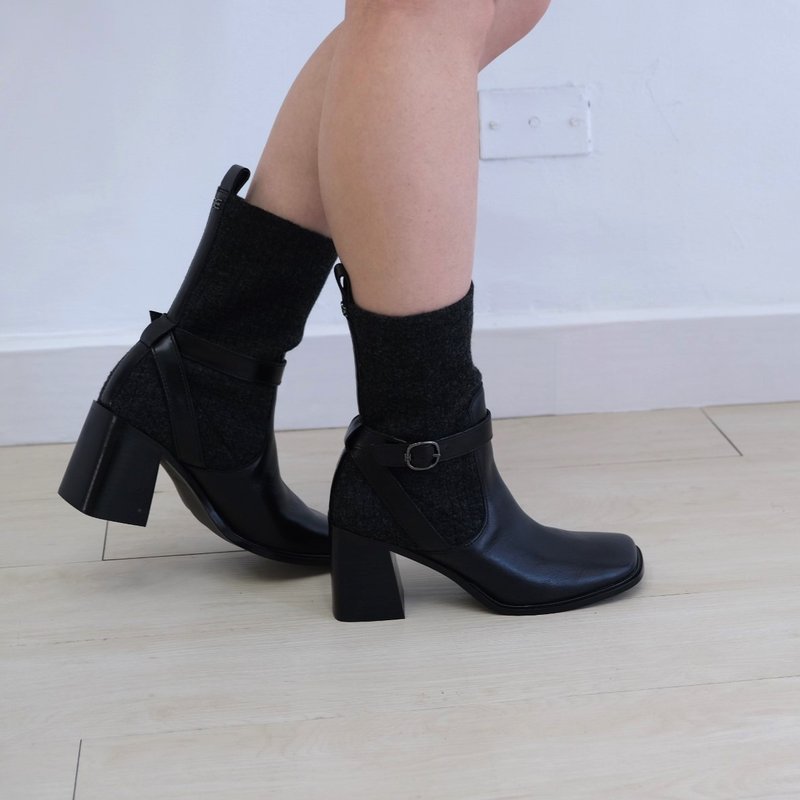 针织真皮高跟短靴女 异材质拼接保暖短靴 - 女款短靴 - 真皮 
