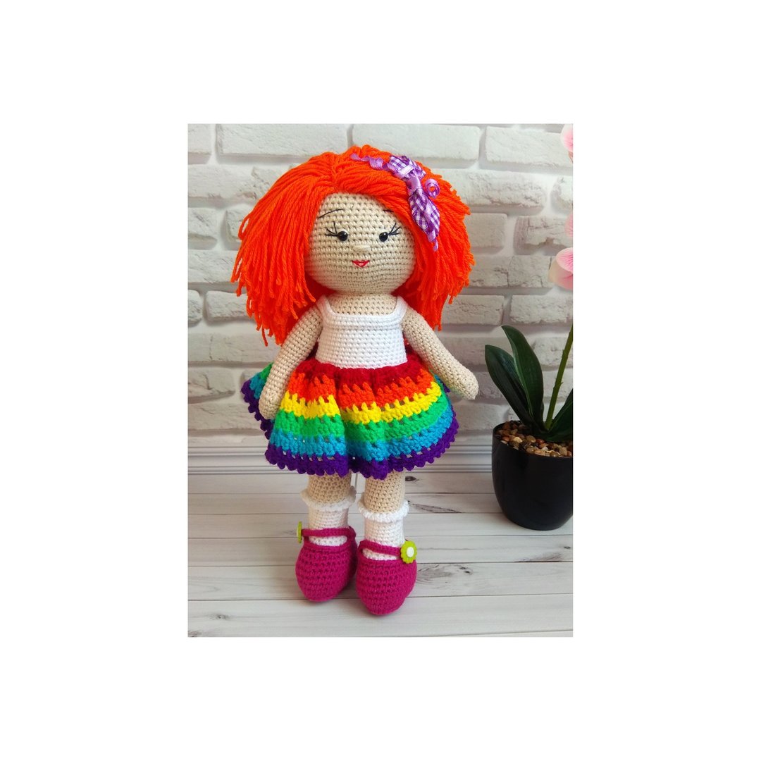 Girl doll with orange hair, doll in dress, crocheting doll, art doll - 玩具/玩偶 - 棉 橘色