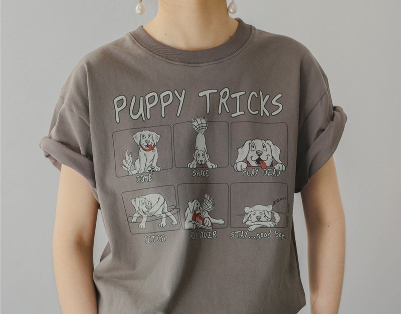 美式复古 少年感幽默漫画 狗狗图案中性寬鬆棉质T恤 - 女装上衣 - 棉．麻 灰色
