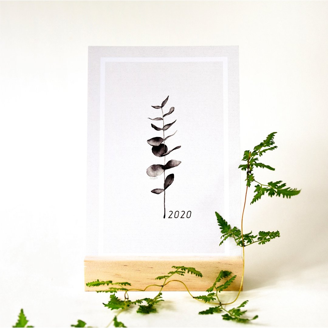 2020年黑白水彩风植物桌历 // 明信片尺寸 - 年历/台历 - 纸 灰色