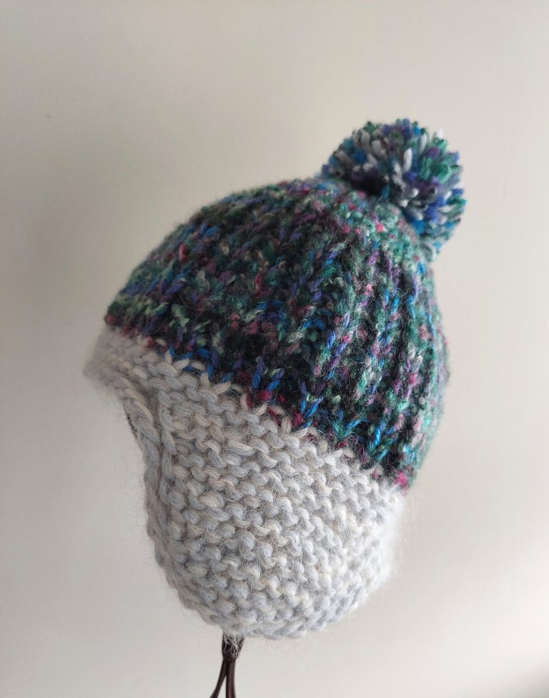 客订款  油画风配色手工编织遮耳帽 / 毛线帽 - 帽子 - 羊毛 