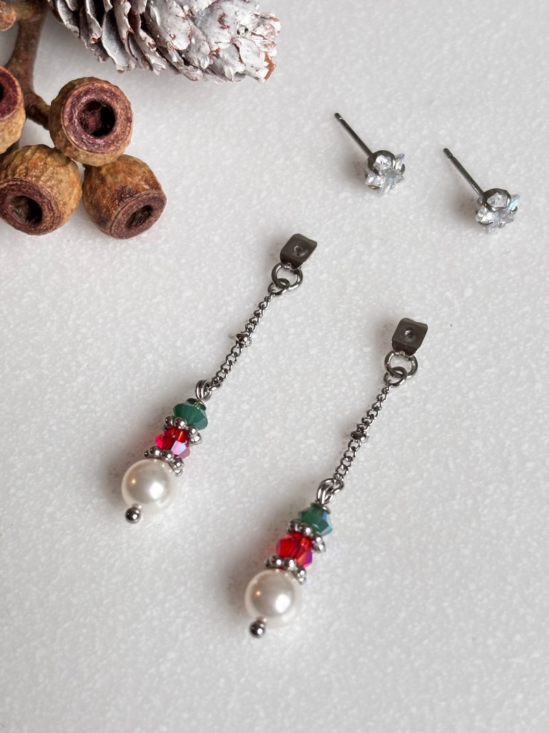 闪亮耶诞(红/绿) 星钻水晶 不锈钢耳环 - 耳环/耳夹 - 水晶 红色