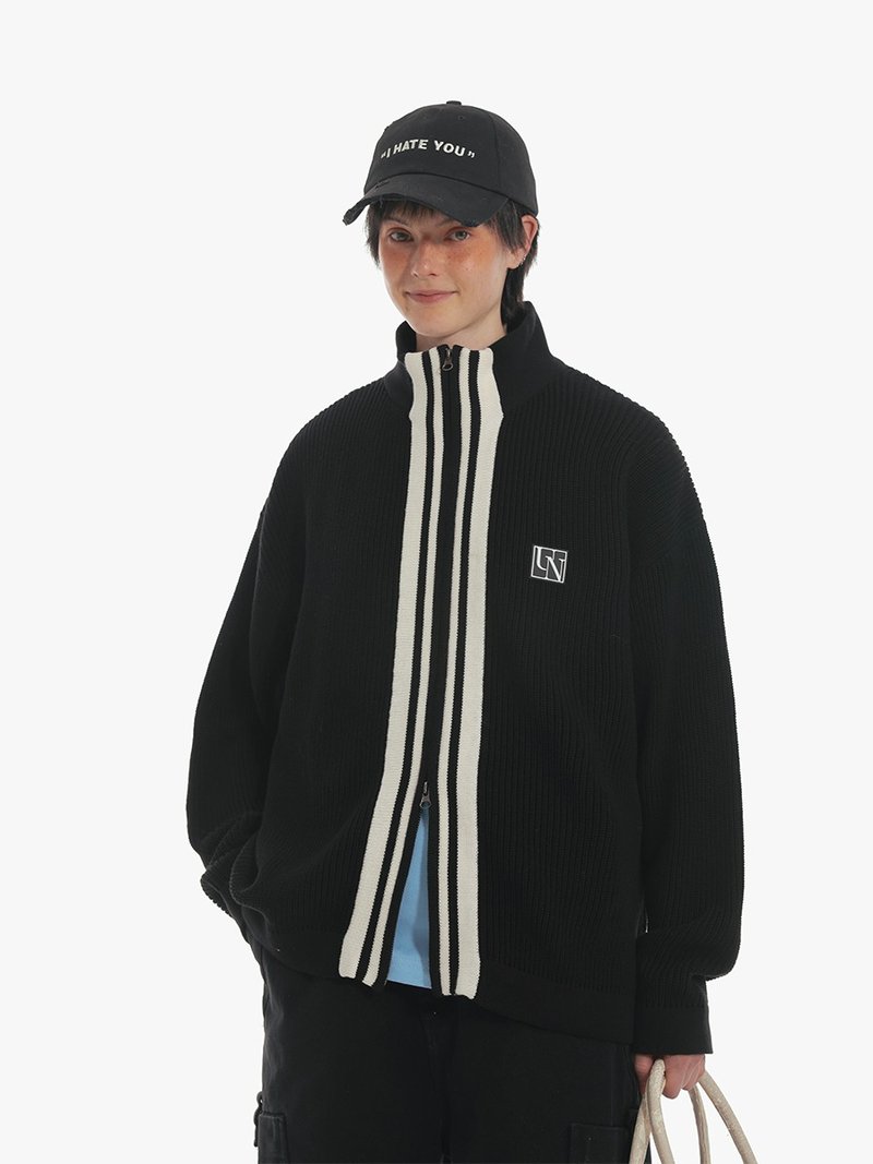 Unvesno (UN) 双拉头针织杠条复古运动毛衣开衫加厚保暖 CT-2186 - 男装针织衫/毛衣 - 其他材质 黑色