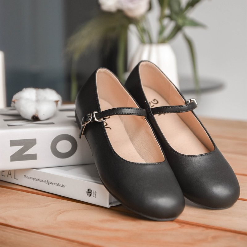 女童黑色玛丽珍平底圆头学生鞋英伦学院风简约优雅百搭公主小皮鞋 - 童装鞋 - 人造皮革 黑色