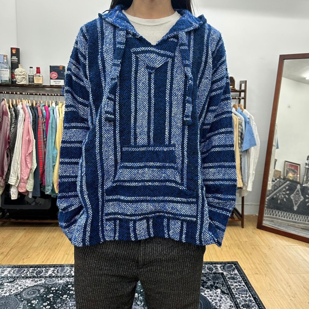 baja hoodie 墨西哥帽tee 直条纹 墨西哥制 连帽T 古着 二手 水蓝 - 中性连帽卫衣/T 恤 - 棉．麻 蓝色