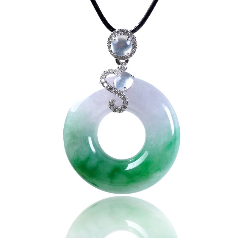 飘阳绿翡翠平安环项链 18K金钻石 | 天然缅甸玉翡翠A货 |送礼 - 项链 - 玉石 绿色