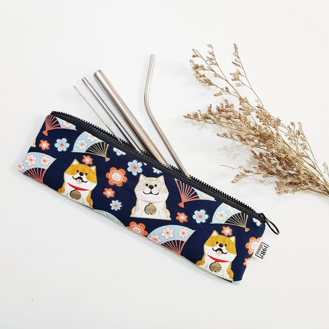 珊宇商品【柴柴过新年-蓝】 餐具袋 吸管袋 环保 笔袋 刷具袋 - 收纳用品 - 棉 蓝色