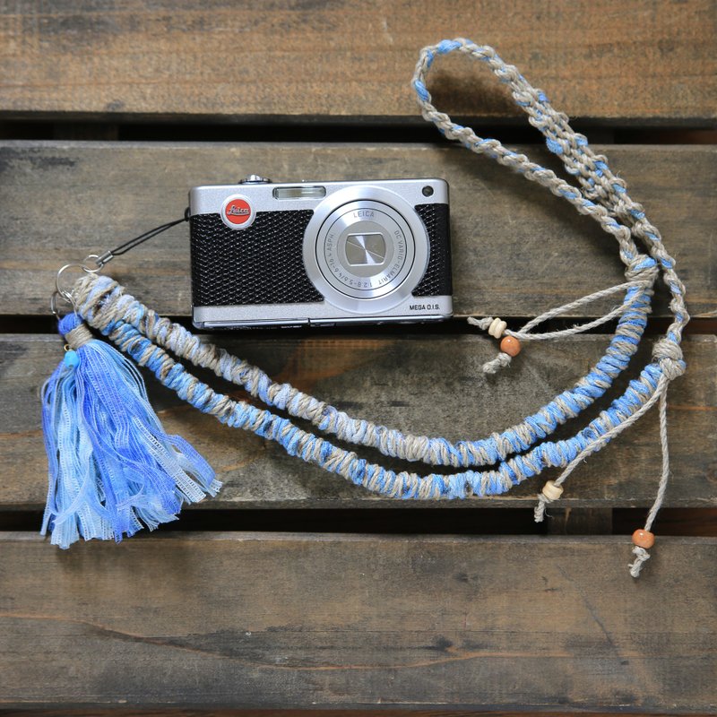 Tape yarn hemp string hemp neck strap blue - 相机背带/脚架 - 棉．麻 蓝色