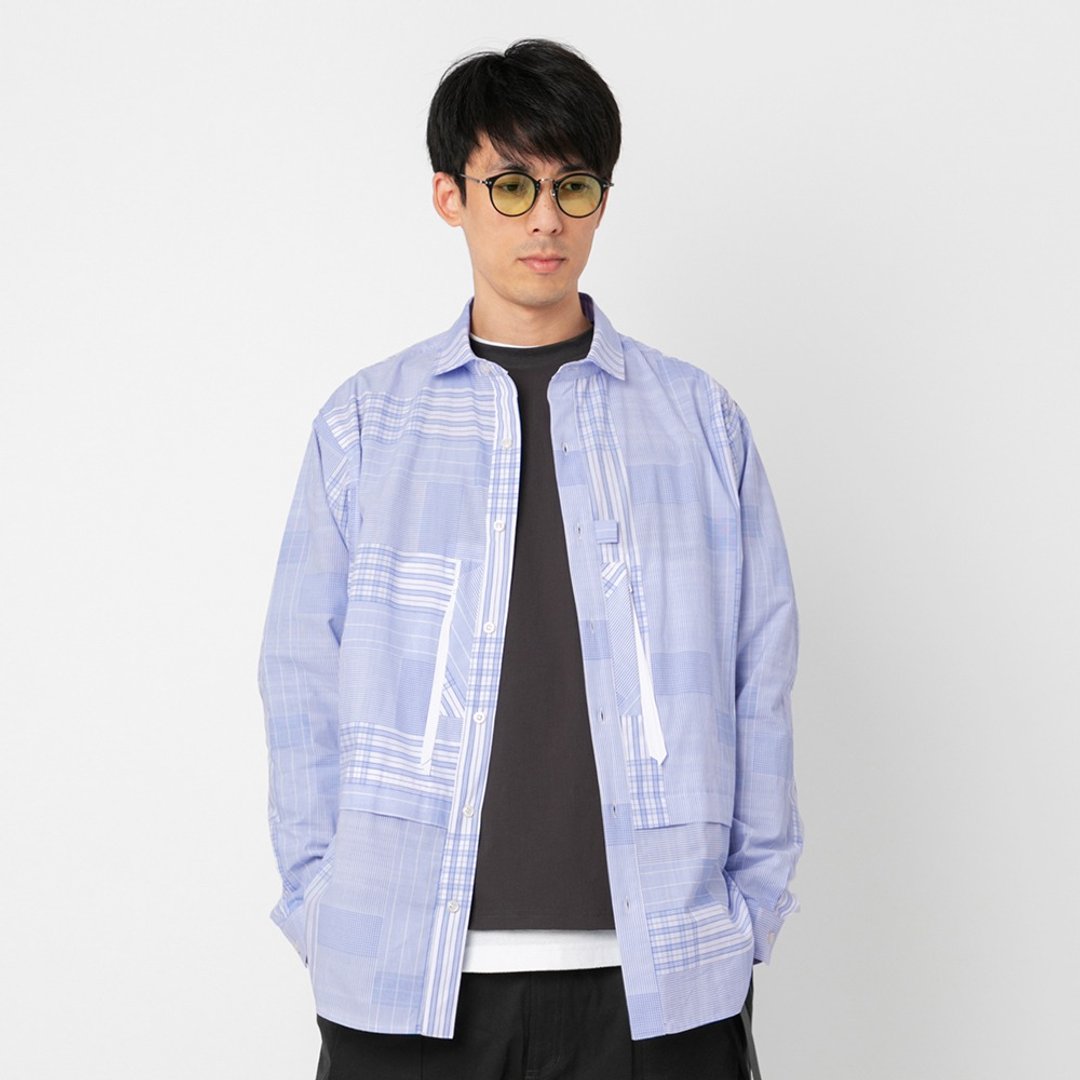 Wide Spread Collar Shirt长袖衬衫 蓝色 不规则格纹 宽松 - 男装衬衫 - 棉 