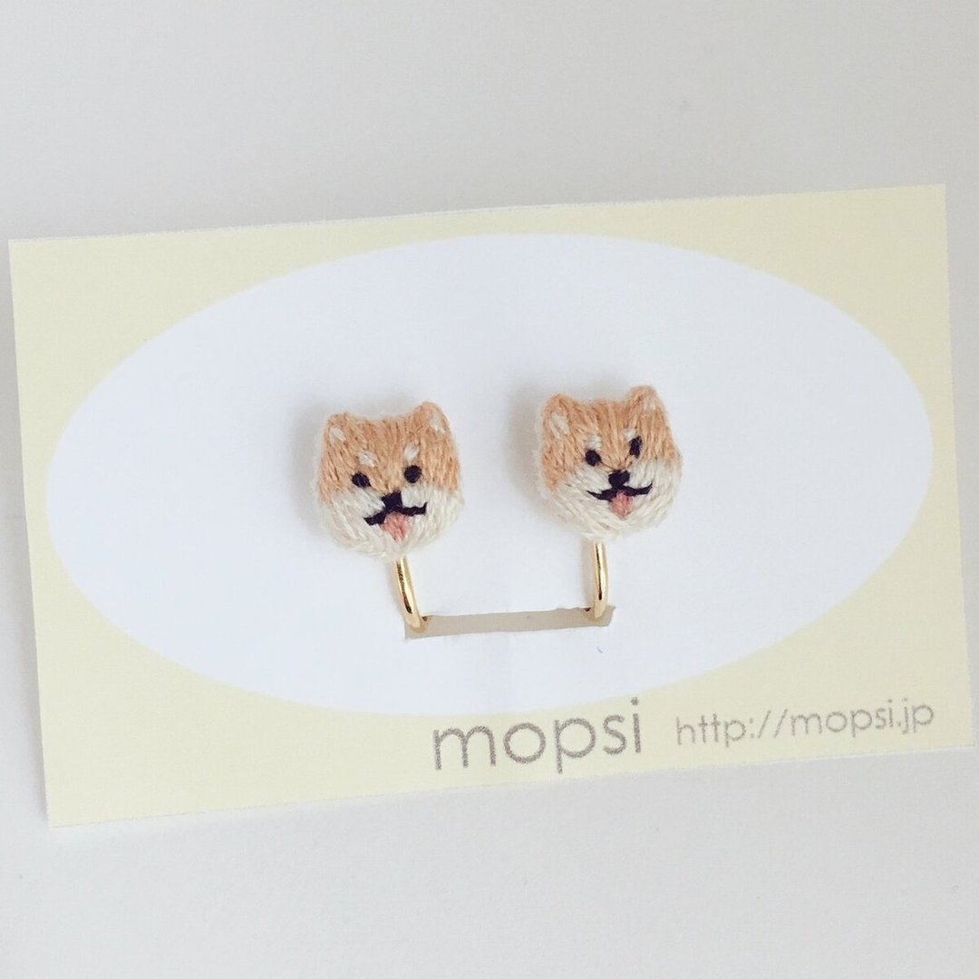 Shiba Inu Embroidery Earrings / Clip-On - 耳环/耳夹 - 绣线 咖啡色