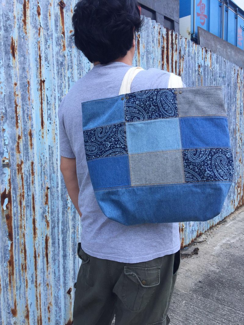 Denim Patchwork Tote Bag Set 牛仔拼布包 丹宁 托特包连收纳袋 - 手提包/手提袋 - 棉 蓝色