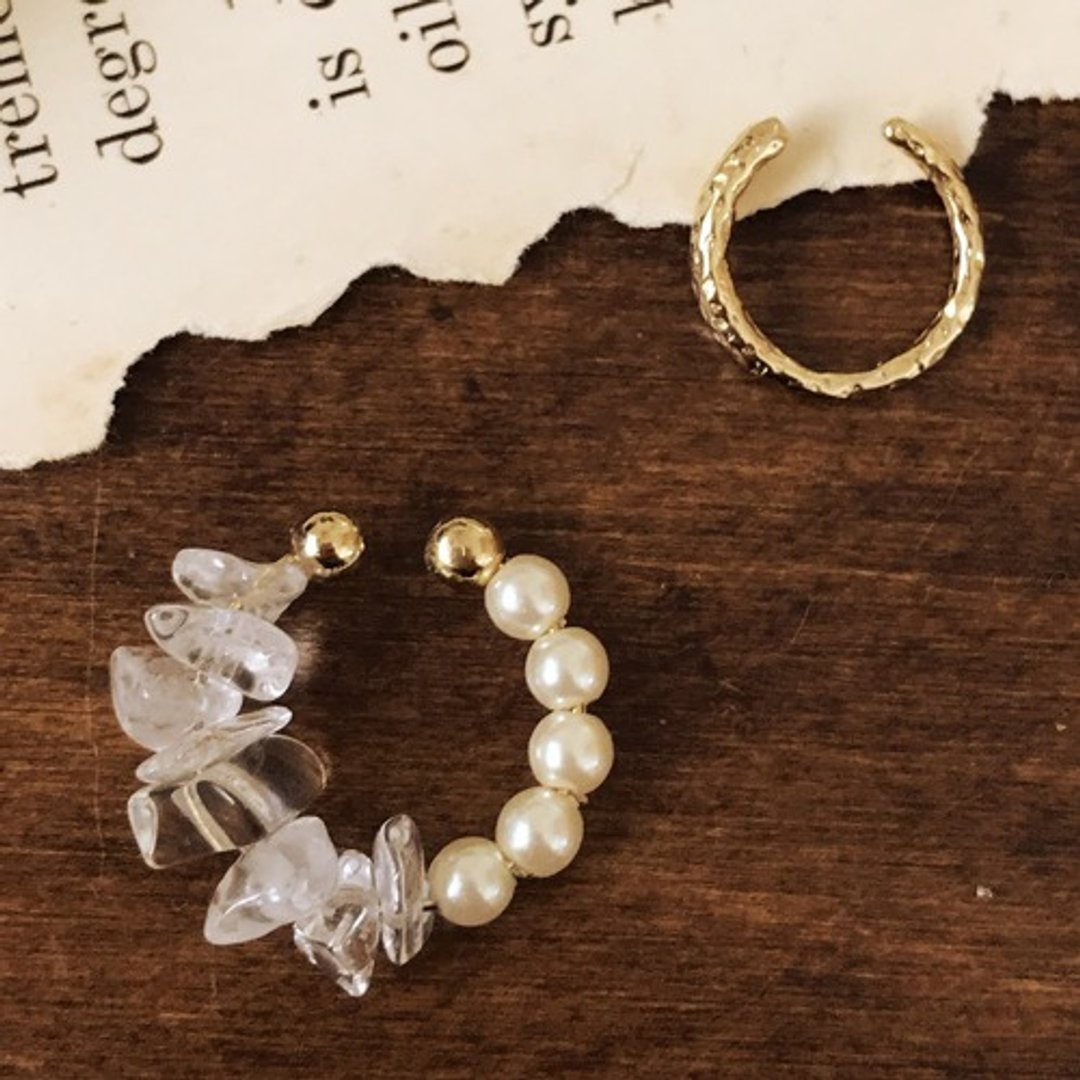 2way-Natural stone Sazare crystal x pearl ear cuff-EC8 - 耳环/耳夹 - 珍珠 白色