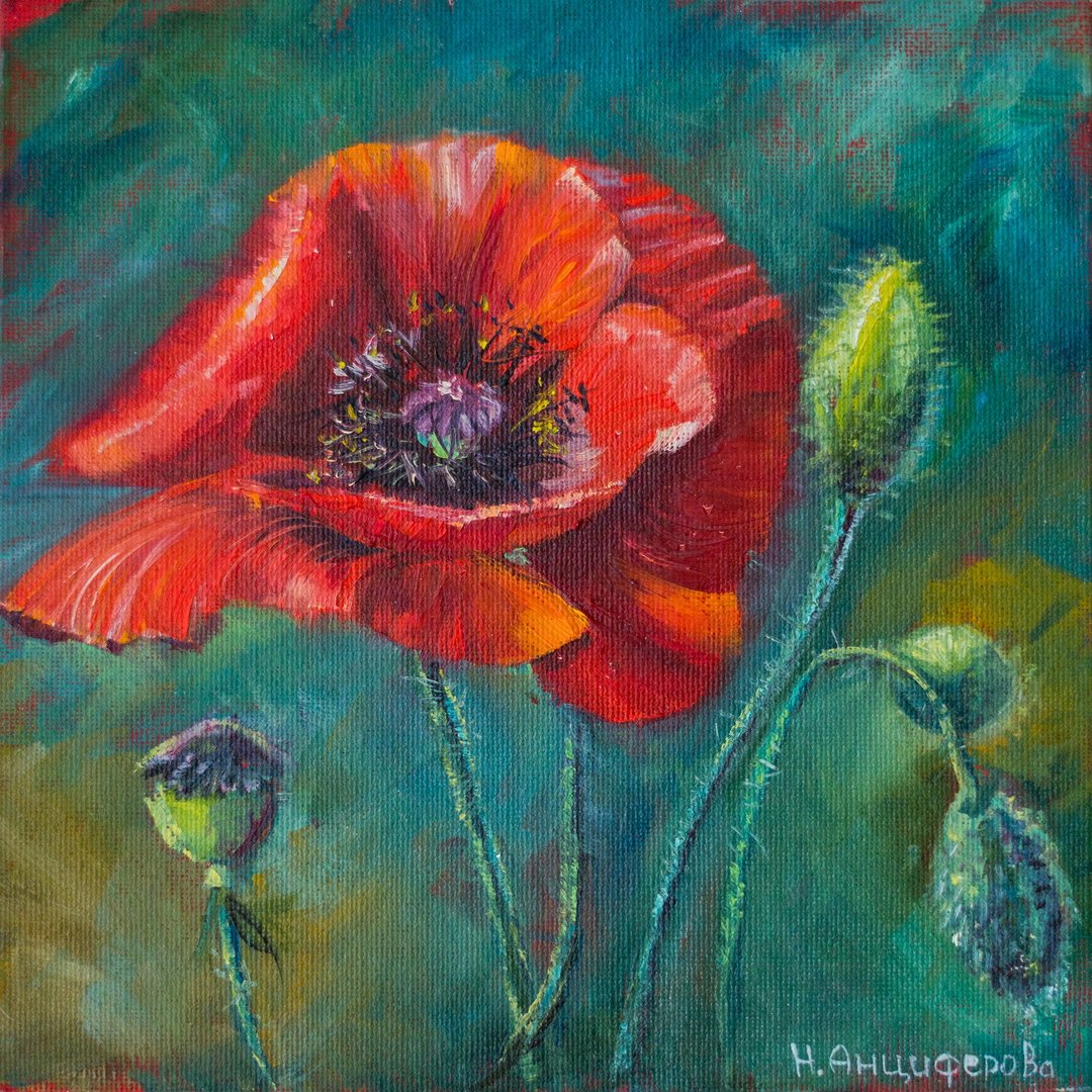 Original Oil Red Flame Poppies Painting Flowers Handmade Artwork - 墙贴/壁贴 - 其他材质 红色