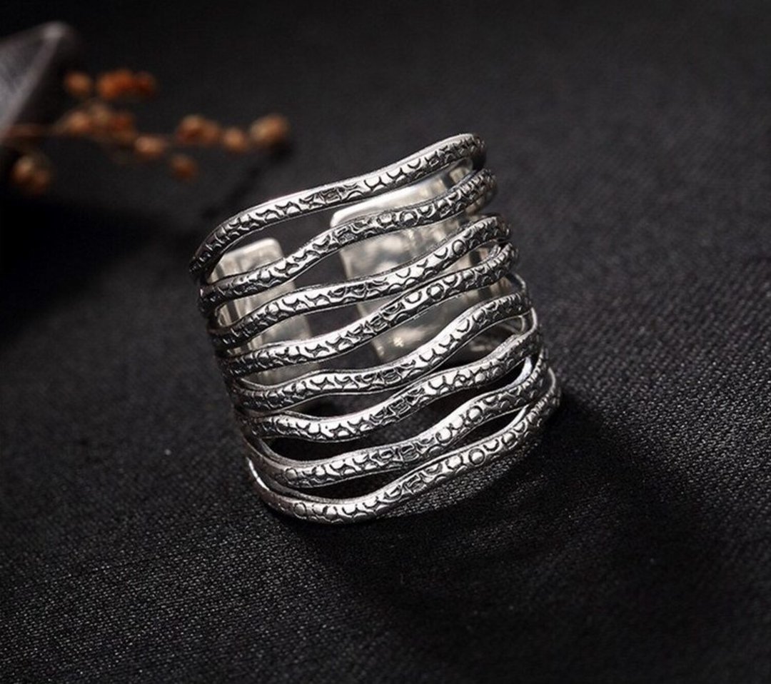 Real 925 Sterling Silver Open Finger Rings Women Vulcanized Black Silver Ring - 戒指 - 纯银 银色