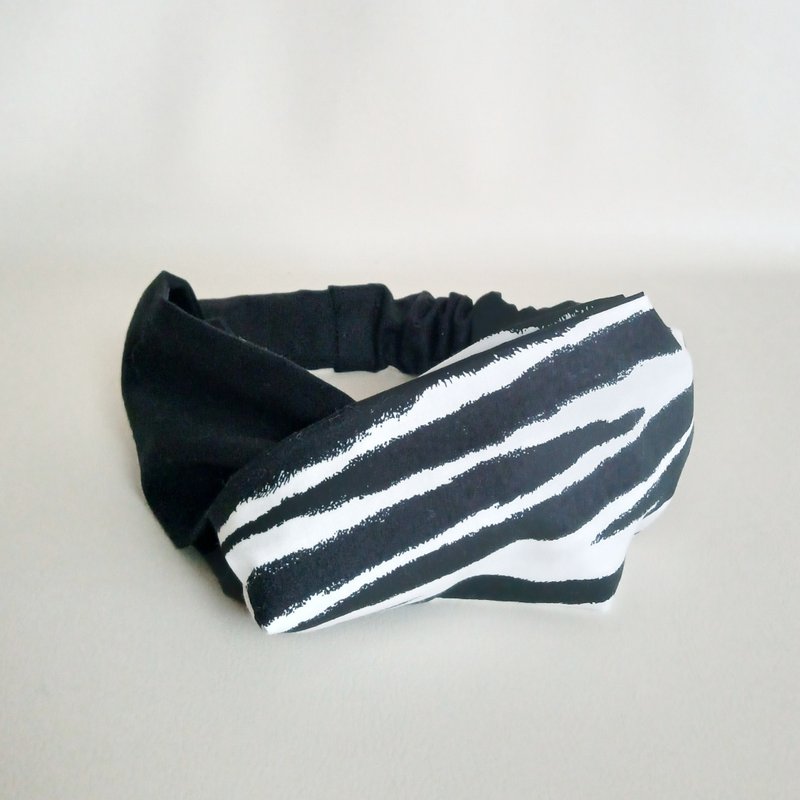 交叉款发带 宽版发带 斑马纹×黑 16 - 发带/发箍 - 棉．麻 黑色