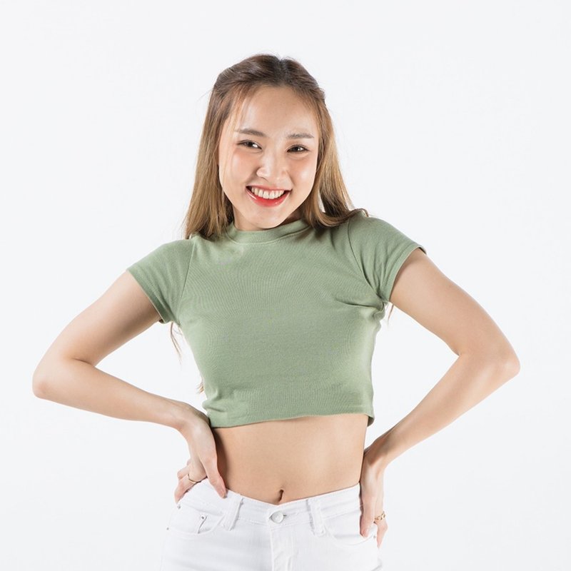 CROP 短款上衣，七分腰部，短袖，小开衩，弹力面料，合身。 - 女装上衣 - 棉．麻 