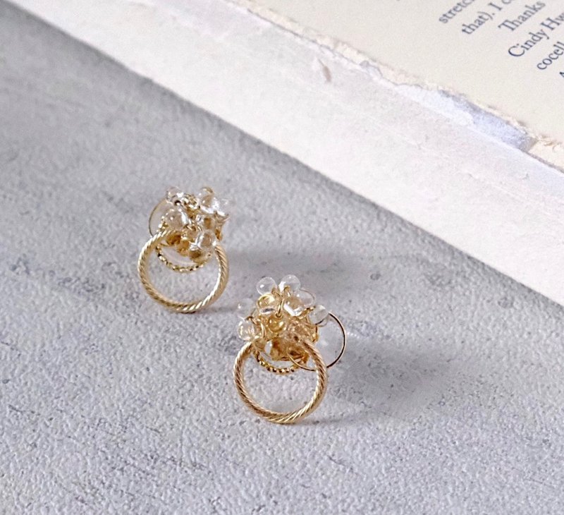 clear x metal ring earrings - 耳环/耳夹 - 其他金属 金色