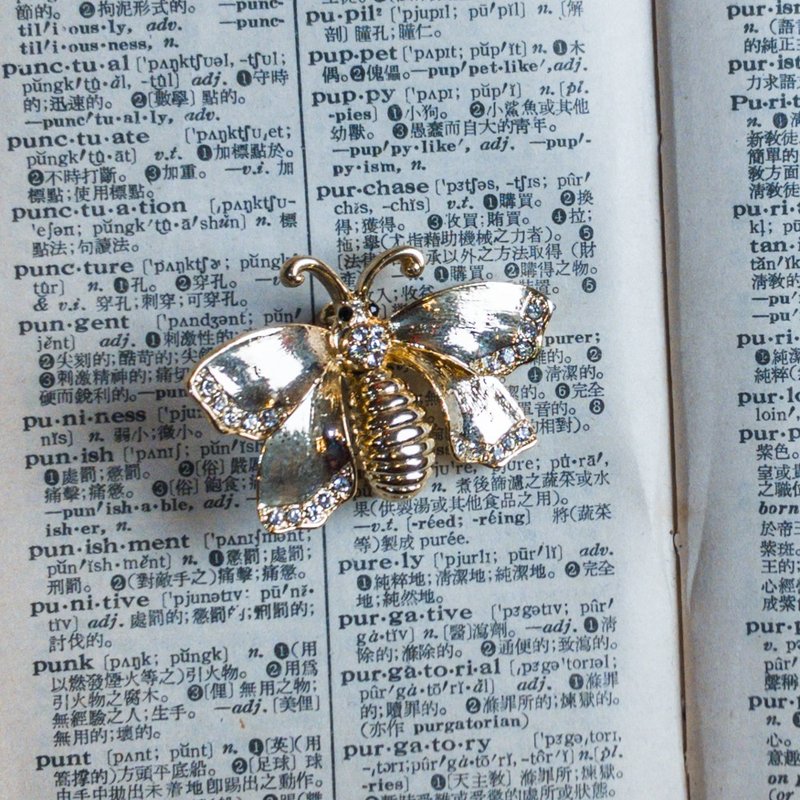 肉感蝴蝶 金色 白钻 黑眼睛 复古 胸针 - 胸针 - 其他金属 金色