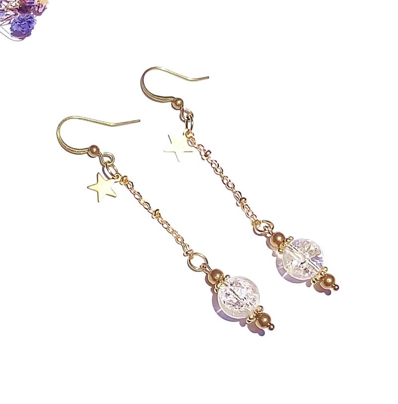 雪地里的星星- 爆花白水晶 长款黄铜耳环 极简几何 个性 情人 - 耳环/耳夹 - 水晶 白色