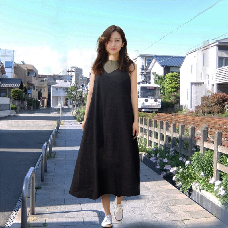 弹性麻成人吊带背心洋装 AP08 - 洋装/连衣裙 - 棉．麻 黑色