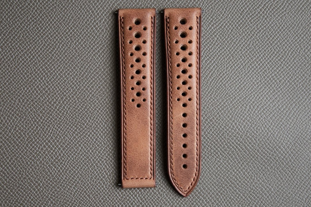 Horween 天然色 Derby 皮革赛车风格表带，适用于 Omega 表扣 - 表带 - 真皮 咖啡色