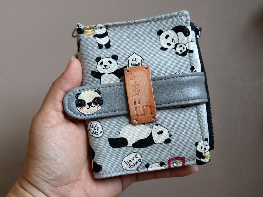 【fabric wallet】熊猫日常  布短夹/中短夹 - 皮夹/钱包 - 棉．麻 灰色